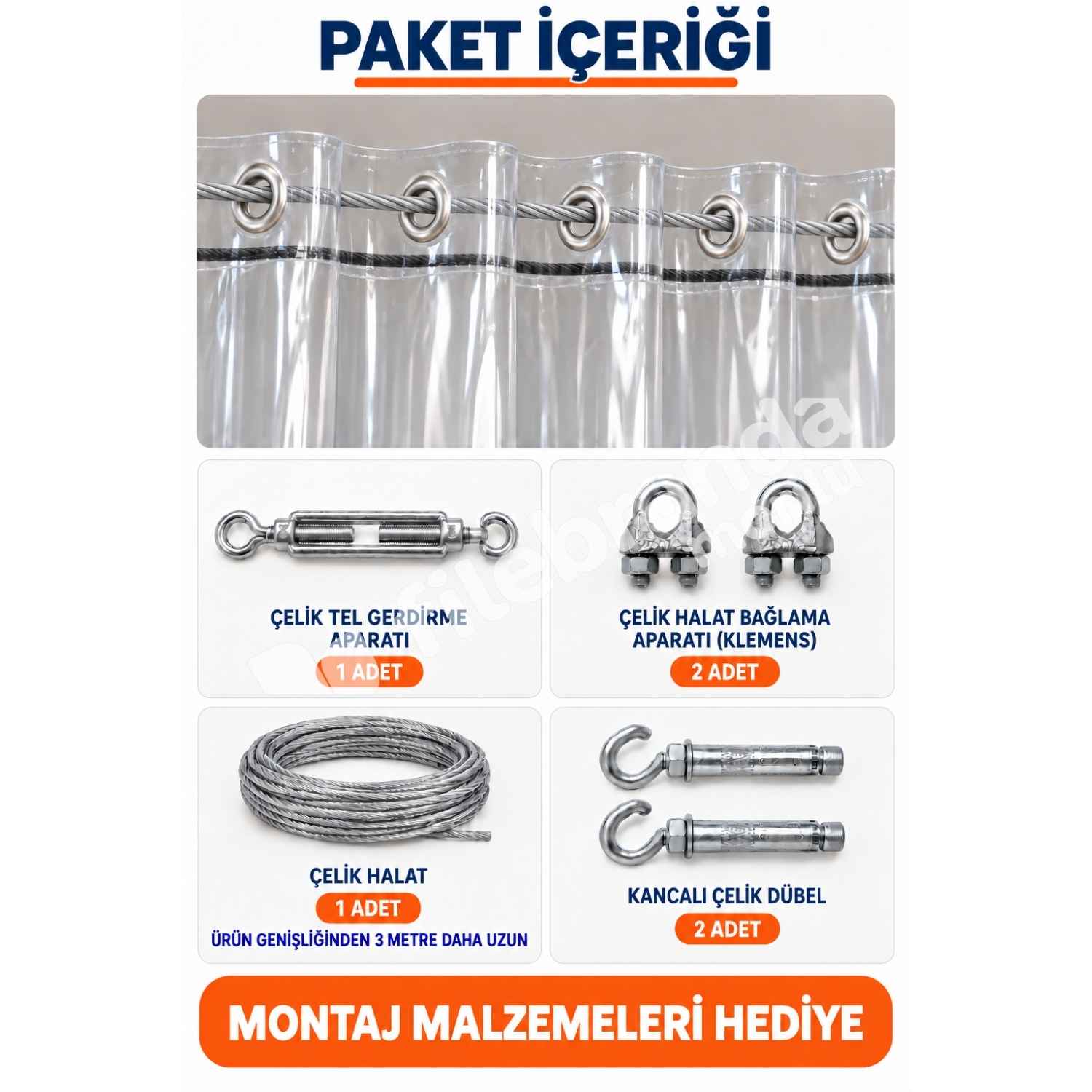 Model 4 – Açılır Kapanır Şeffaf Branda – Çelik Halatlı (0.8 mm) 2 Şeffaf branda klemens ve bağlantı parçaları