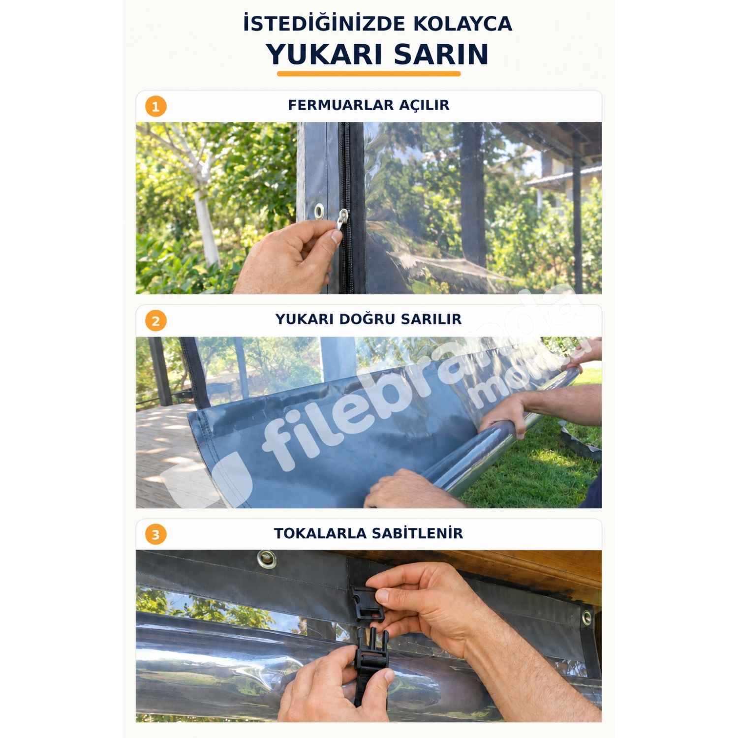 Model 9 – Fermuarlı Ortası Şeffaf Kamelya Brandası – Antrasit Polyesterli (0.8 mm) 3 Fermuarlı ortası şeffaf branda kullanım şekli