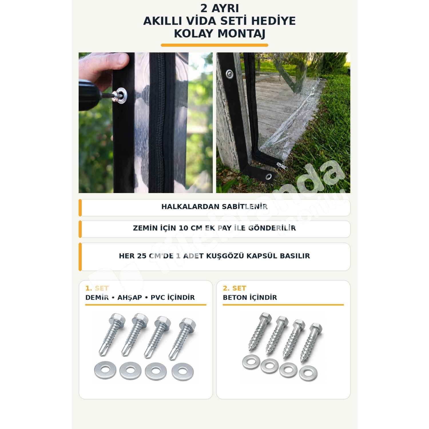 Model 6 – Fermuarlı Şeffaf Balkon Brandası – Yukarı Sarılır (0.8 mm) 2 Fermuarlı balkon brandası ölçü seçimi