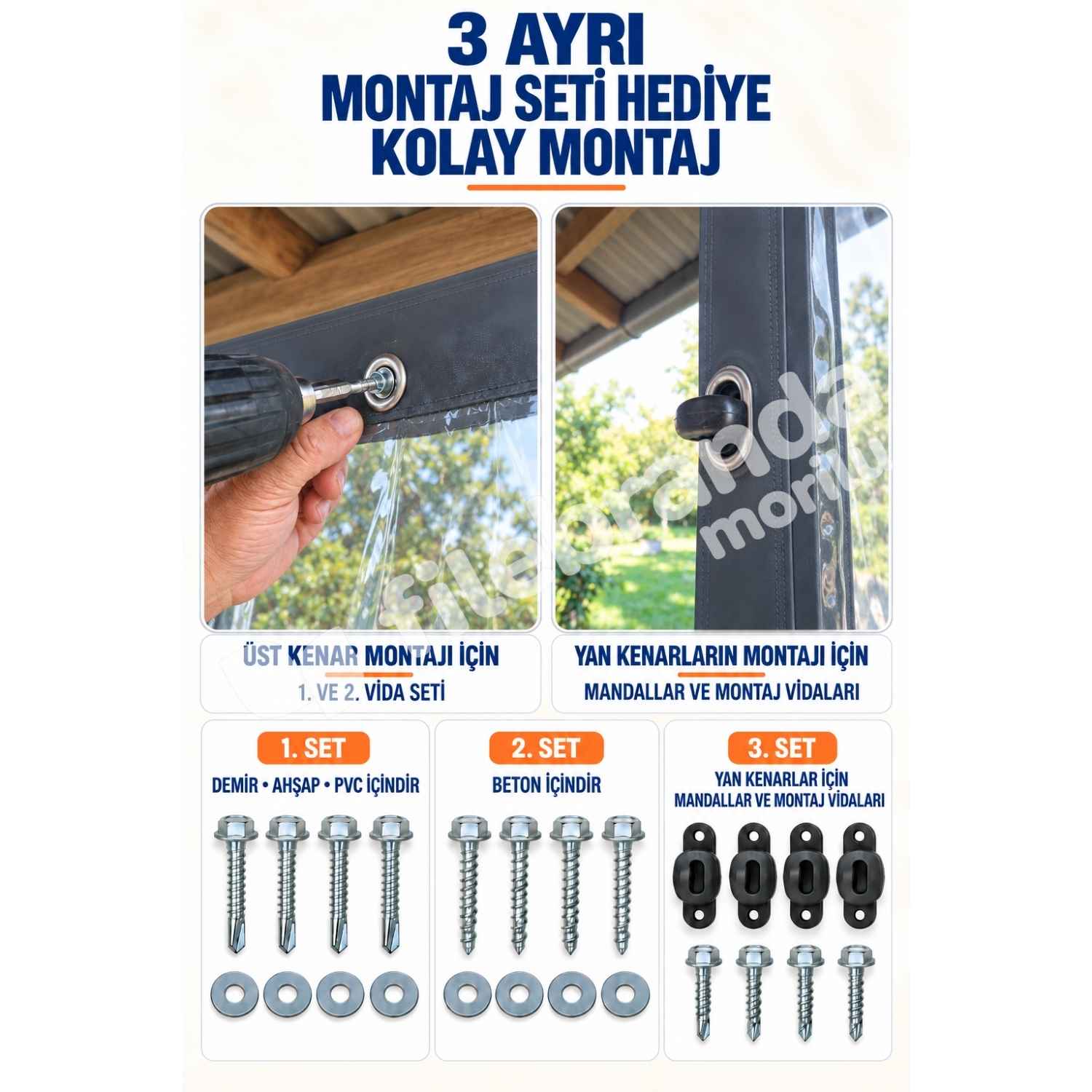 Model 10 – Mandallı Ortası Şeffaf Kamelya Brandası – Antrasit Polyesterli (0.8 mm) 2 Mandallı ortası şeffaf branda montaj malzemeleri 1