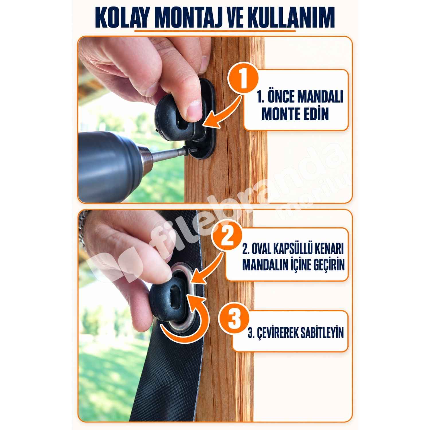 Model 10 – Mandallı Ortası Şeffaf Kamelya Brandası – Antrasit Polyesterli (0.8 mm) 3 Siyah polyesterli mandallı kamelya brandası montaj şekli