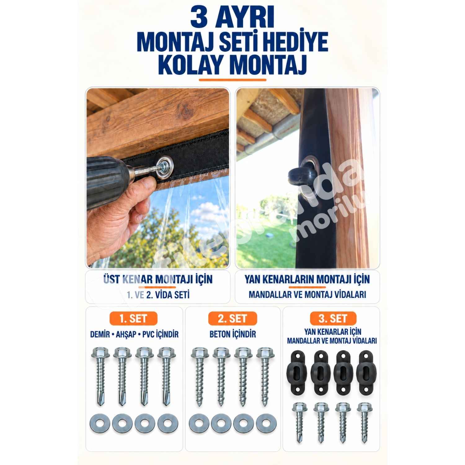 Model 7 – Mandallı Şeffaf Balkon Brandası – Yukarı Sarılır (0.8 mm) 2 Mandallı balkon brandası montaj malzemeleri