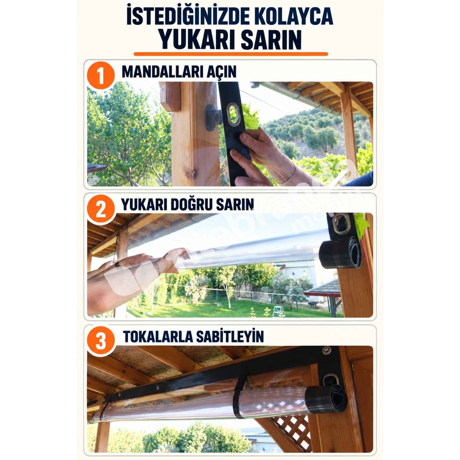 Model 7 – Mandallı Şeffaf Balkon Brandası – Yukarı Sarılır (0.8 mm) 3 Mandallı şeffaf branda kullanım
