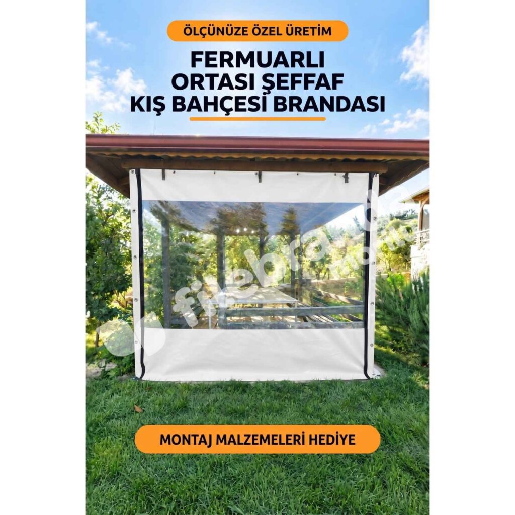 Kış Bahçesi Şeffaf Branda 14 Model 9 – Fermuarlı Ortası Şeffaf Kamelya Brandası – Beyaz Polyesterli (0.8 mm)