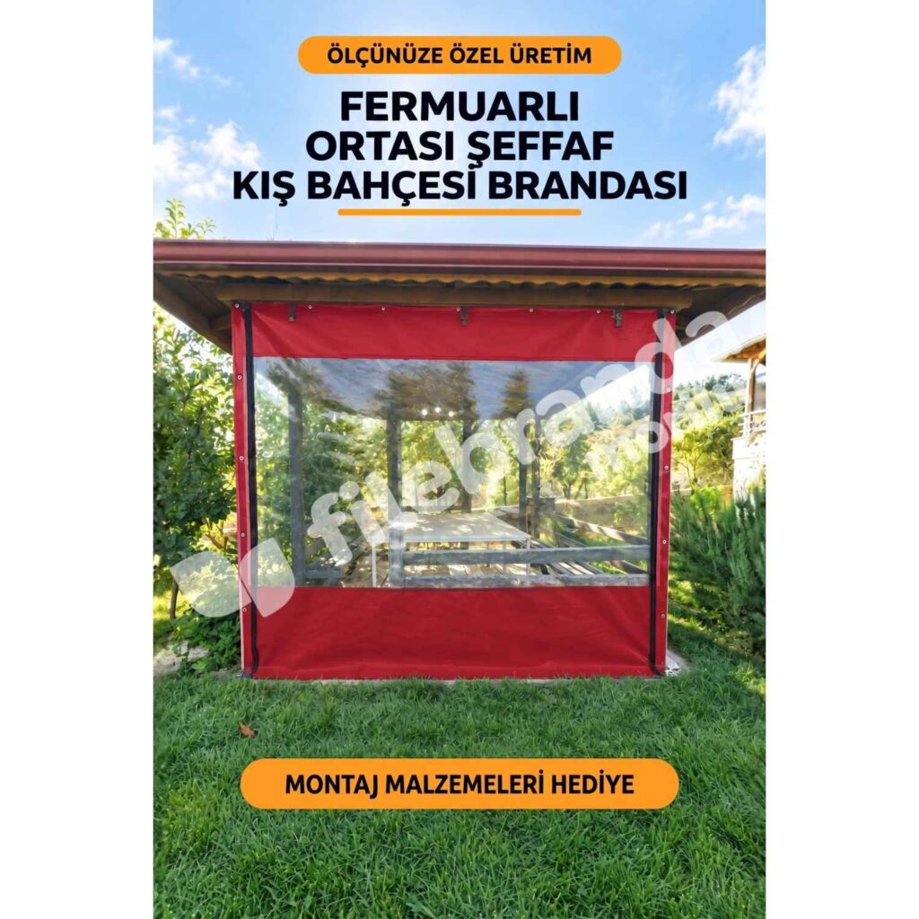 Kış Bahçesi Şeffaf Branda 16 Model 9 – Fermuarlı Ortası Şeffaf Kamelya Brandası – Kırmızı Polyesterli (0.8 mm)