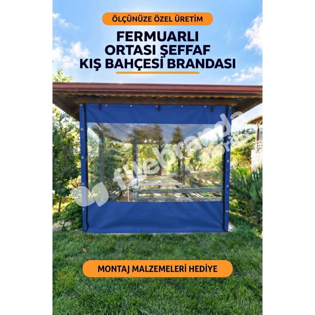 Kış Bahçesi Şeffaf Branda 17 Model 9 – Fermuarlı Ortası Şeffaf Kamelya Brandası – Mavi Polyesterli (0.8 mm)