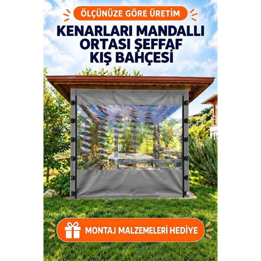 Kış Bahçesi Şeffaf Branda 20 Model 10 – Mandallı Ortası Şeffaf Kamelya Brandası – Gri Polyesterli (0.8 mm)