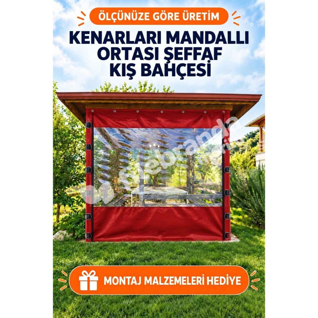 Kış Bahçesi Şeffaf Branda 19 Model 10 – Mandallı Ortası Şeffaf Kamelya Brandası – Beyaz Polyesterli (0.8 mm)