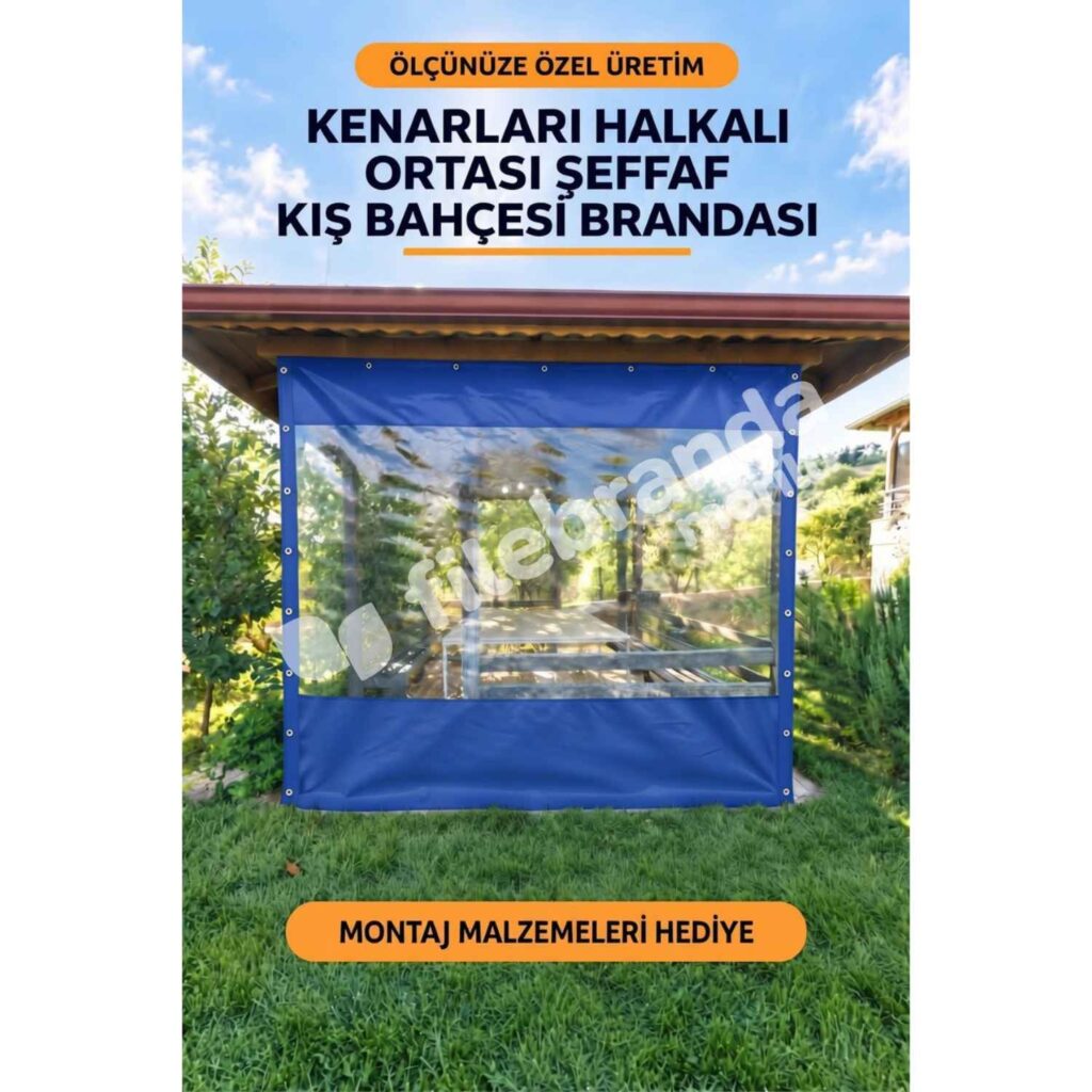 Kış Bahçesi Şeffaf Branda 12 Model 8 – Ortası Şeffaf Kuşgözlü Kamelya Brandası – Mavi Polyesterli